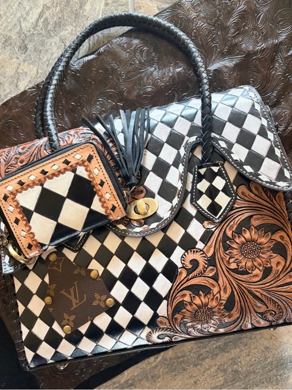 Hand Crafted Black & White Checkered Satchel with Brown Floral Tooled Accents - Picture 6 of 8